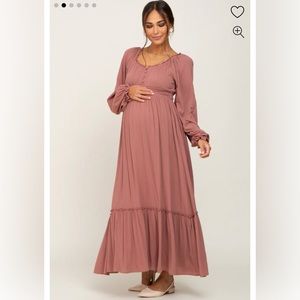 Mauve Lace Trim Smocked Waist Maternity Maxi Dress